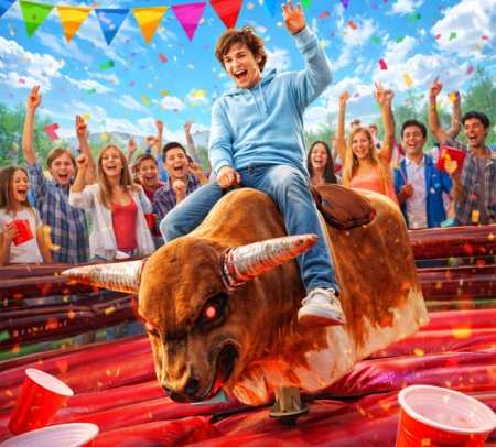 Kids cheering as a child rides the mechanical bull at a birthday party